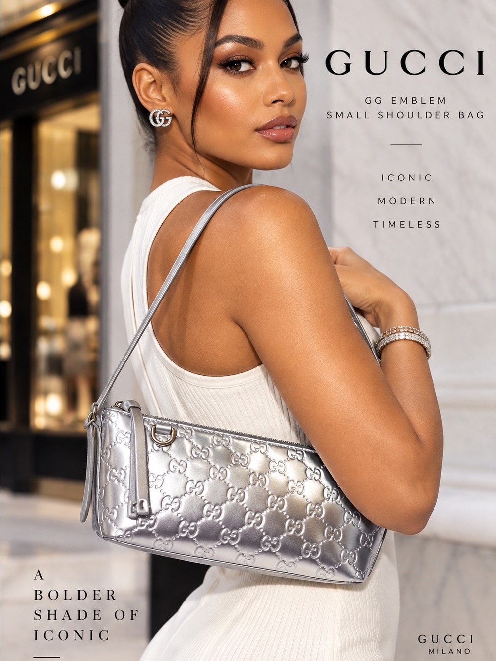 Gucci Metallic Silver GG-Embossed Shoulder Bag - Picture 2 of 10
